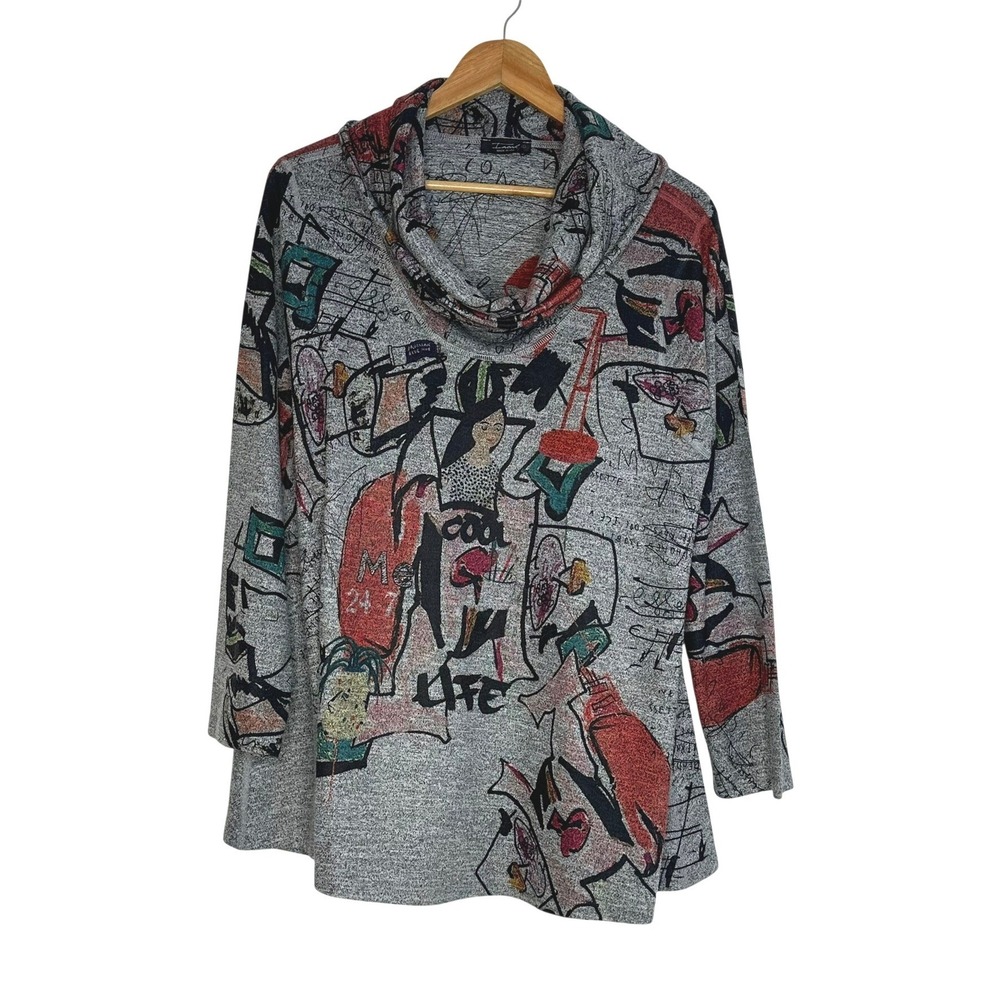 Inoah Tunic Top Womens L Gray Abstract Graffiti Cowl Neck Art to Wear